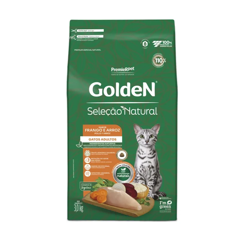 Ração Golden Seleção Natural Gatos Adultos Frango e Arroz