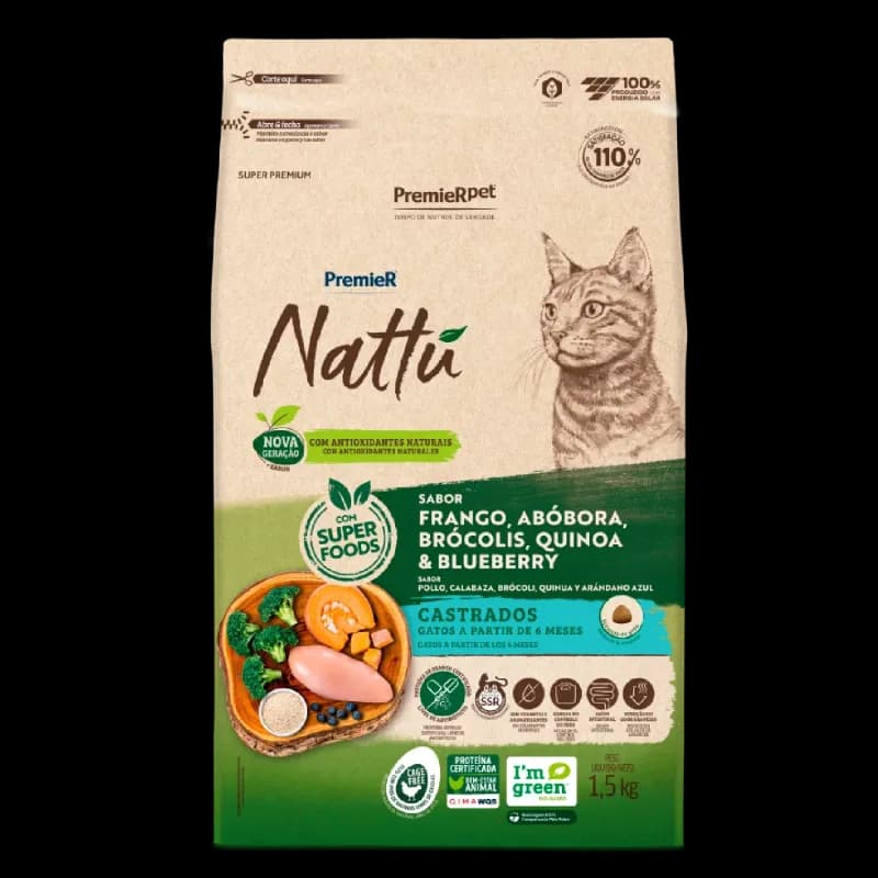 Ração Premier Nattu Gatos Adultos Castrados Abóbora