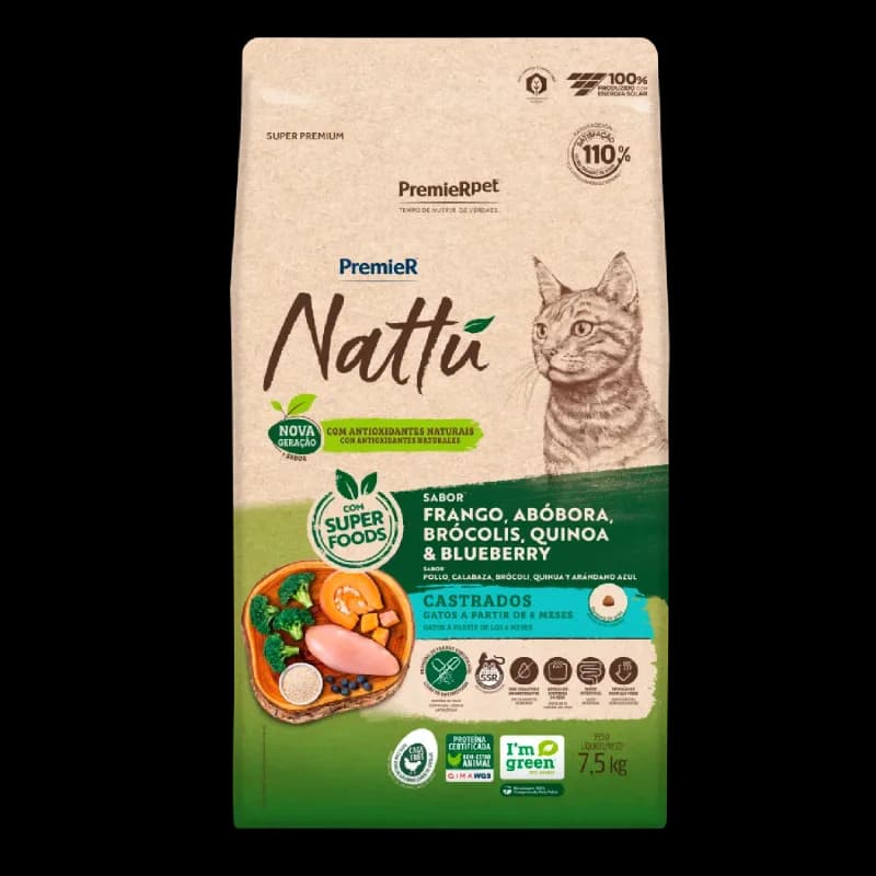 Ração Premier Nattu Gatos Adultos Castrados Abóbora — 7.5 kg
