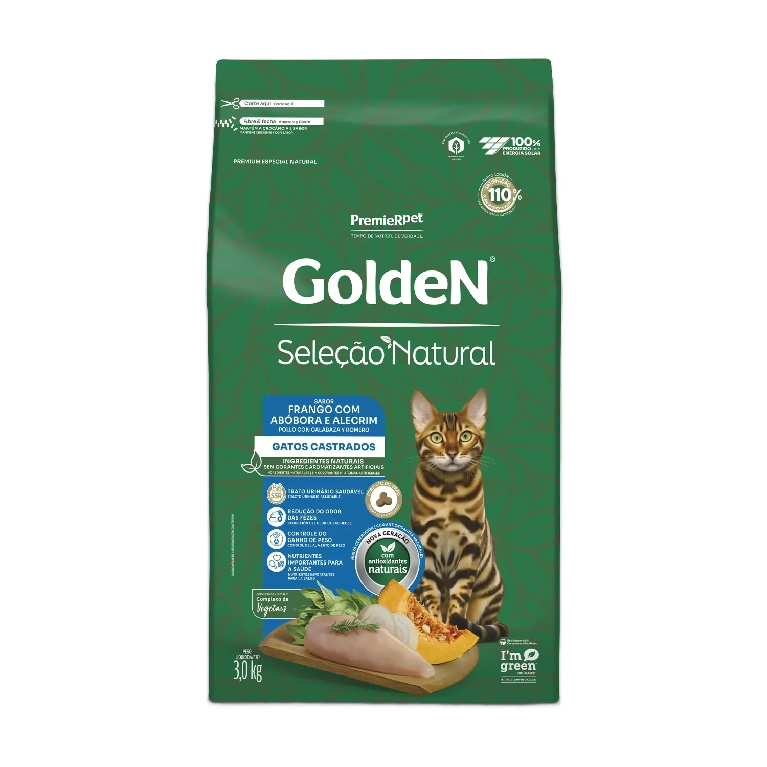 Ração Golden Seleção Natural Gatos Castrados Frango com Abóbora e Alecrim