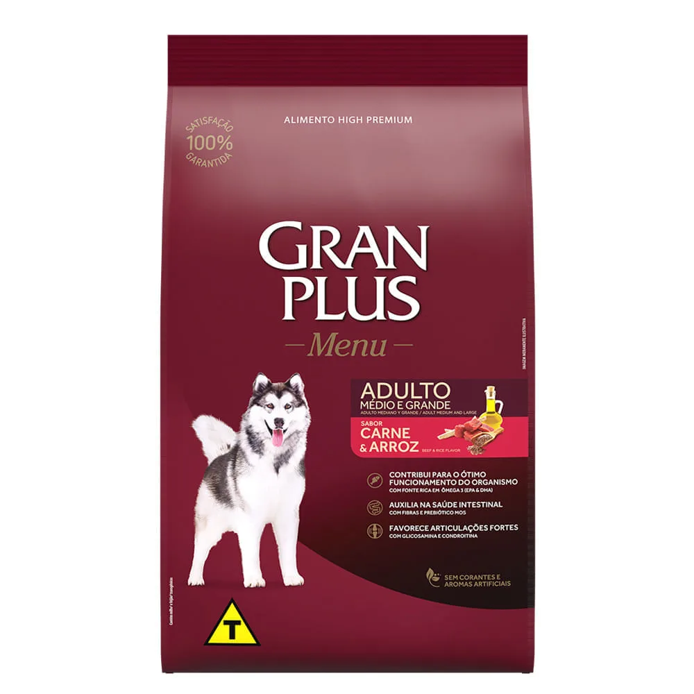 Ração GranPlus Menu Carne e Arroz para Cães Adultos de porte Médio e Grande
