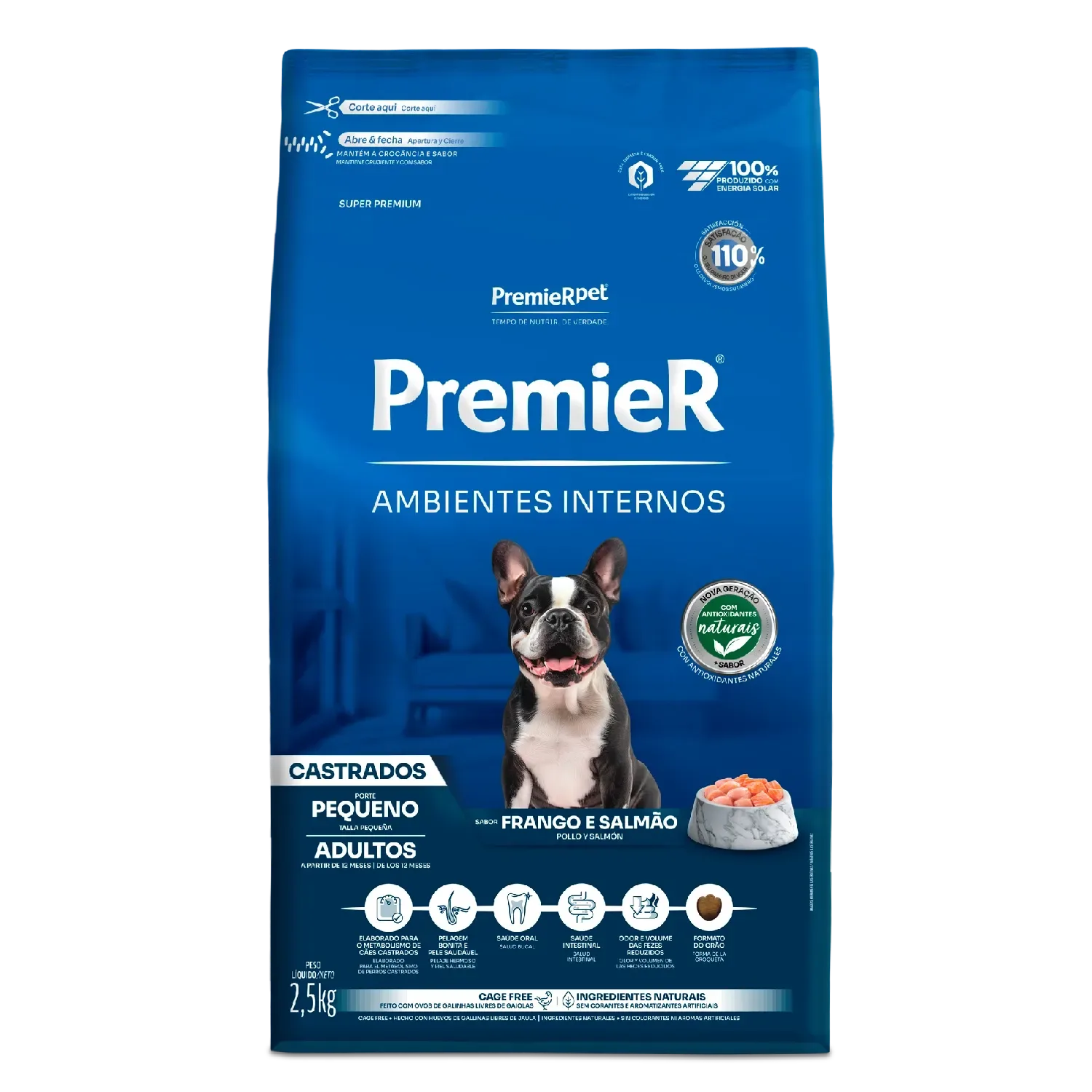 Ração Premier Ambientes Internos Cães Castrados Adultos Frango e Salmão — 2.5 kg
