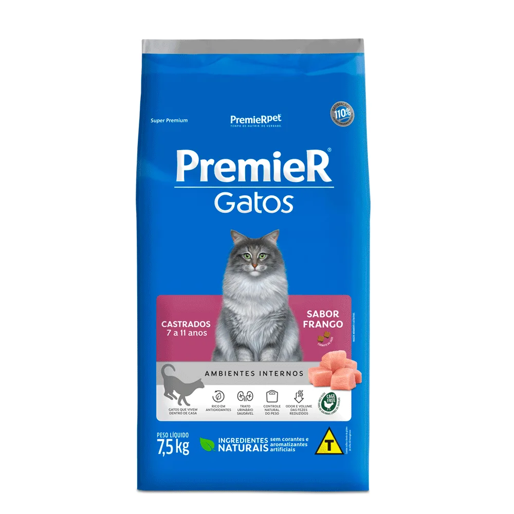 Ração Premier Ambientes Internos Gatos Castrados 7 a 11 Anos Frango — 7.5 kg