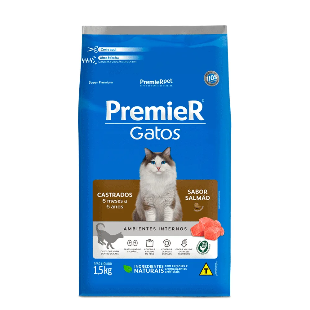 Ração Premier Ambientes Internos Gatos Castrados 6 Meses a 6 Anos Salmão