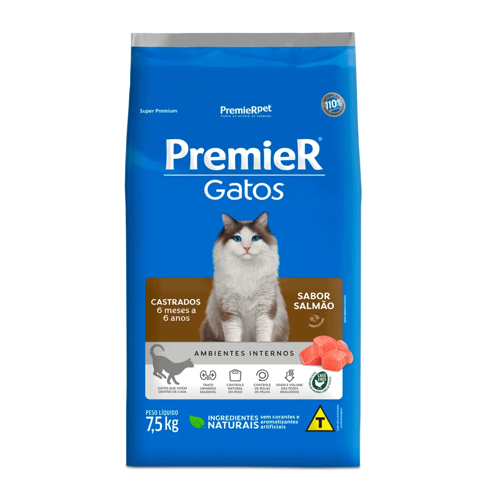 Ração Premier Ambientes Internos Gatos Castrados 6 Meses a 6 Anos Salmão — 7.5 kg