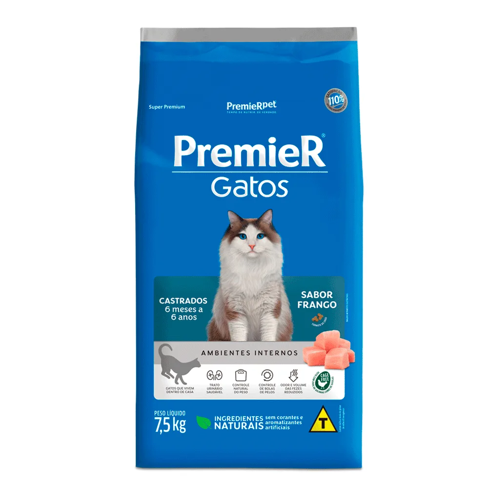 Ração Premier Ambientes Internos Gatos Castrados 6 Meses a 6 Anos Frango — 7.5 kg
