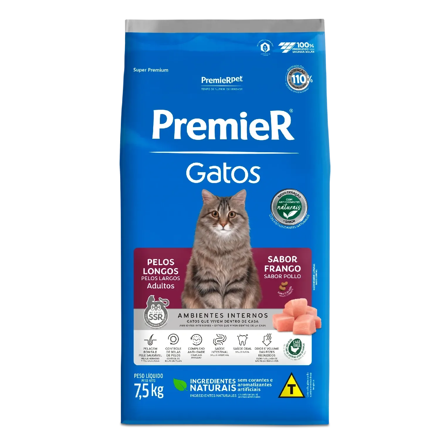 Ração Premier Ambientes Internos Gatos Adultos Pelos Longos Frango — 7.5 kg