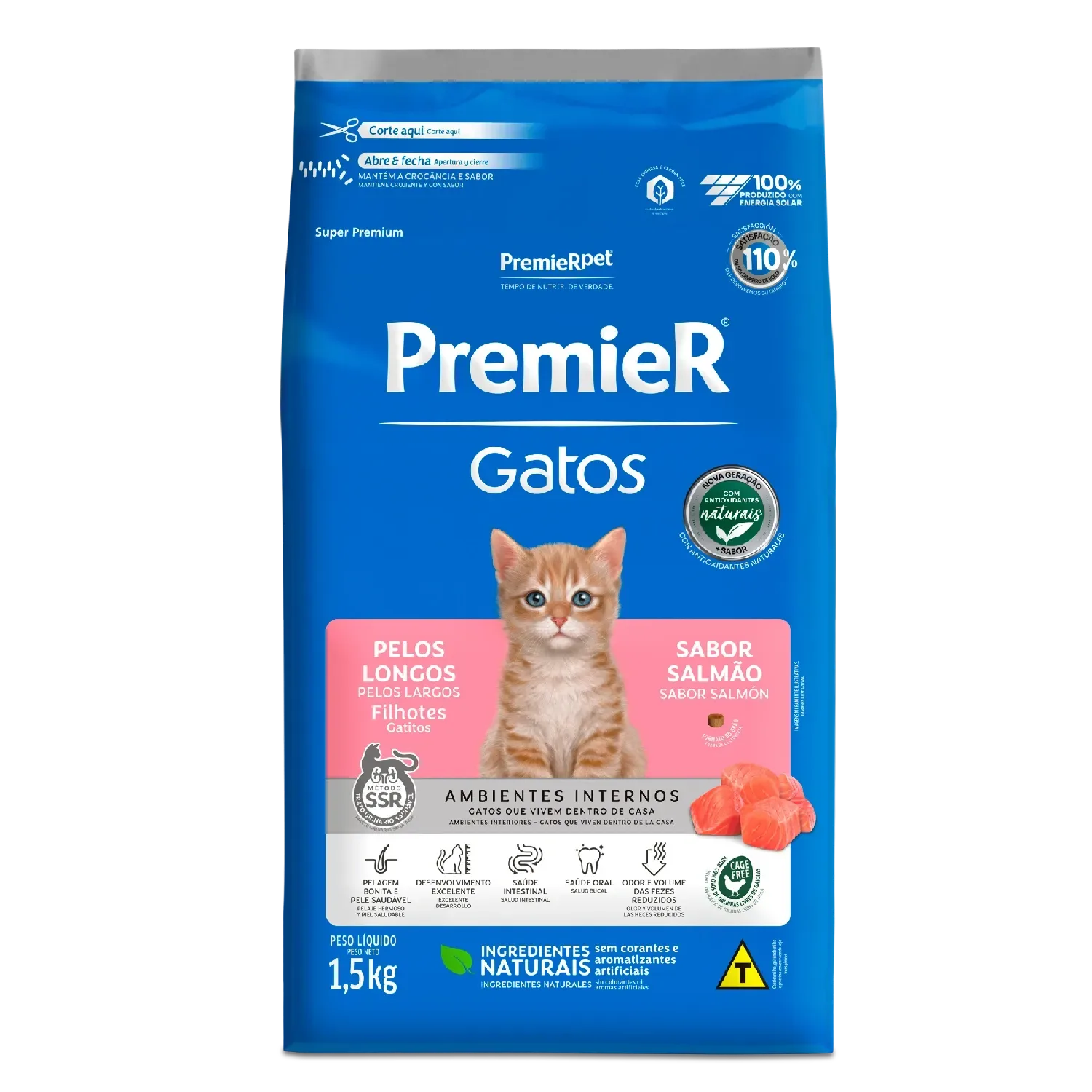 Ração Premier Ambientes Internos Gatos Filhotes Pelos Longos Salmão
