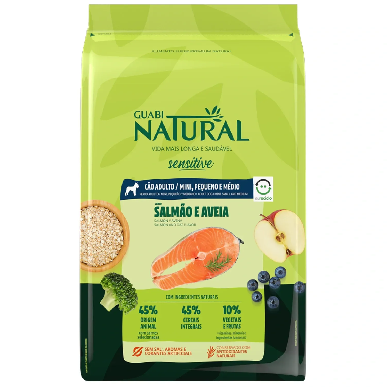 Ração Guabi Natural Cães Adultos Sensitive Raças Mini, Pequeno e Médio Salmão e Aveia — 10.1 kg