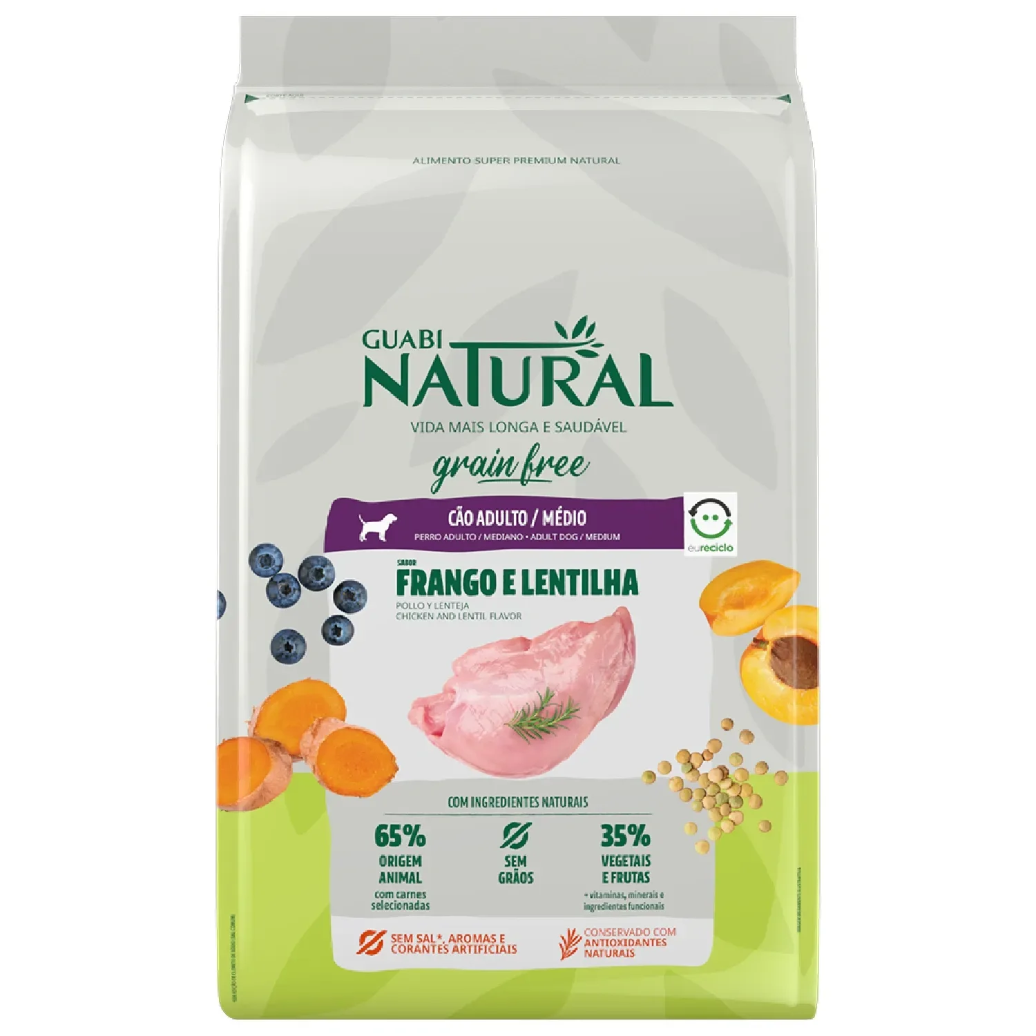 Ração Guabi Natural Grain Free Cães Adultos Raças Médias Frango e Lentilha — 12 kg