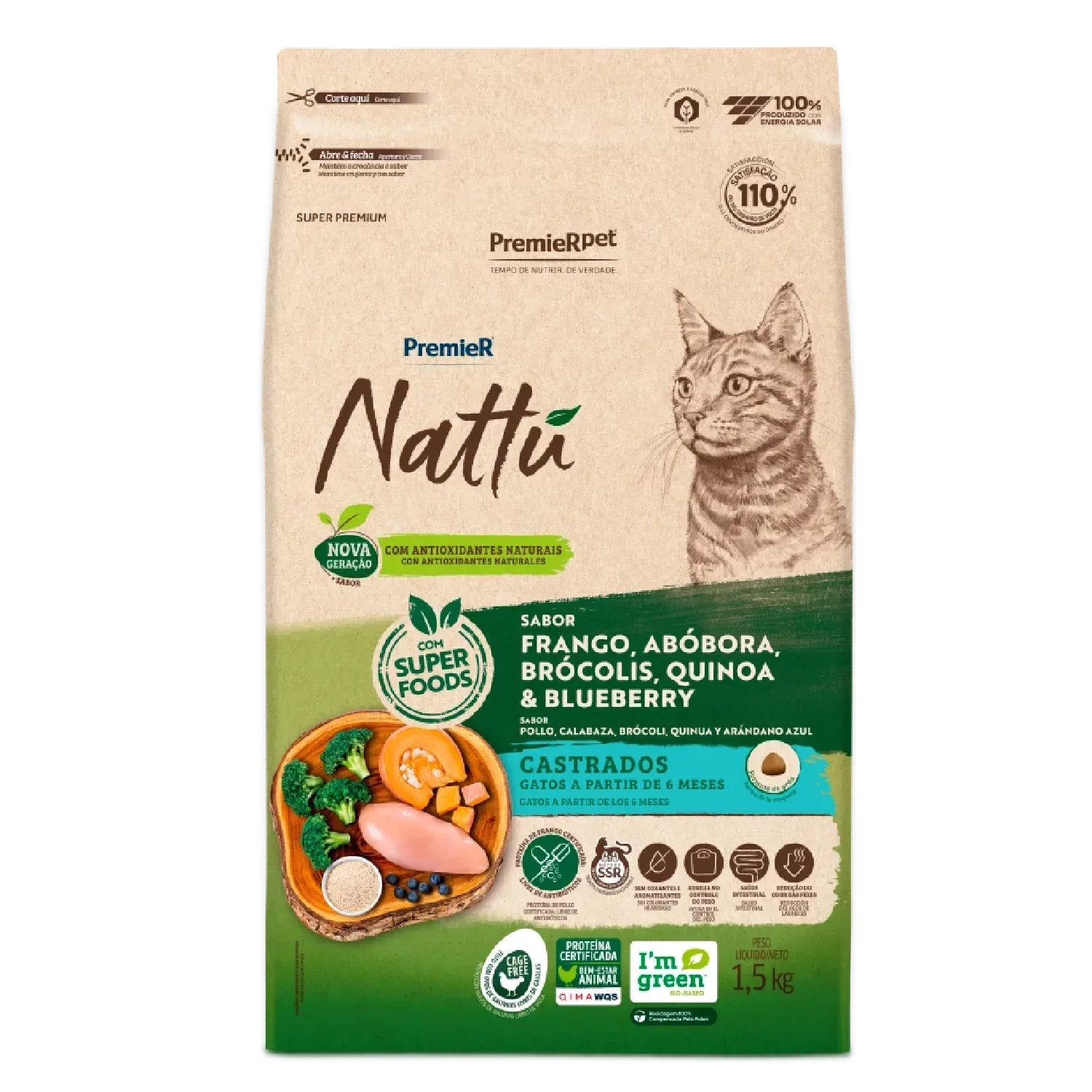 Ração Premier Nattu Gatos Adultos Castrados Abóbora