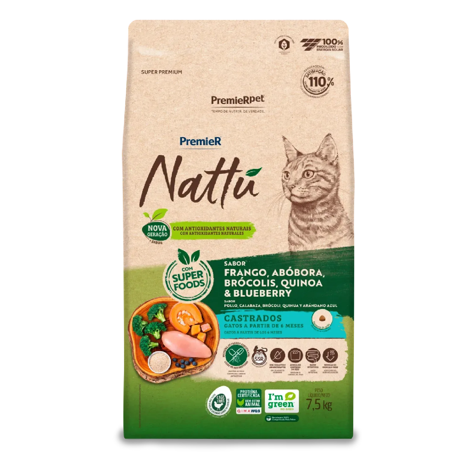 Ração Premier Nattu Gatos Adultos Castrados Abóbora — 7.5 kg
