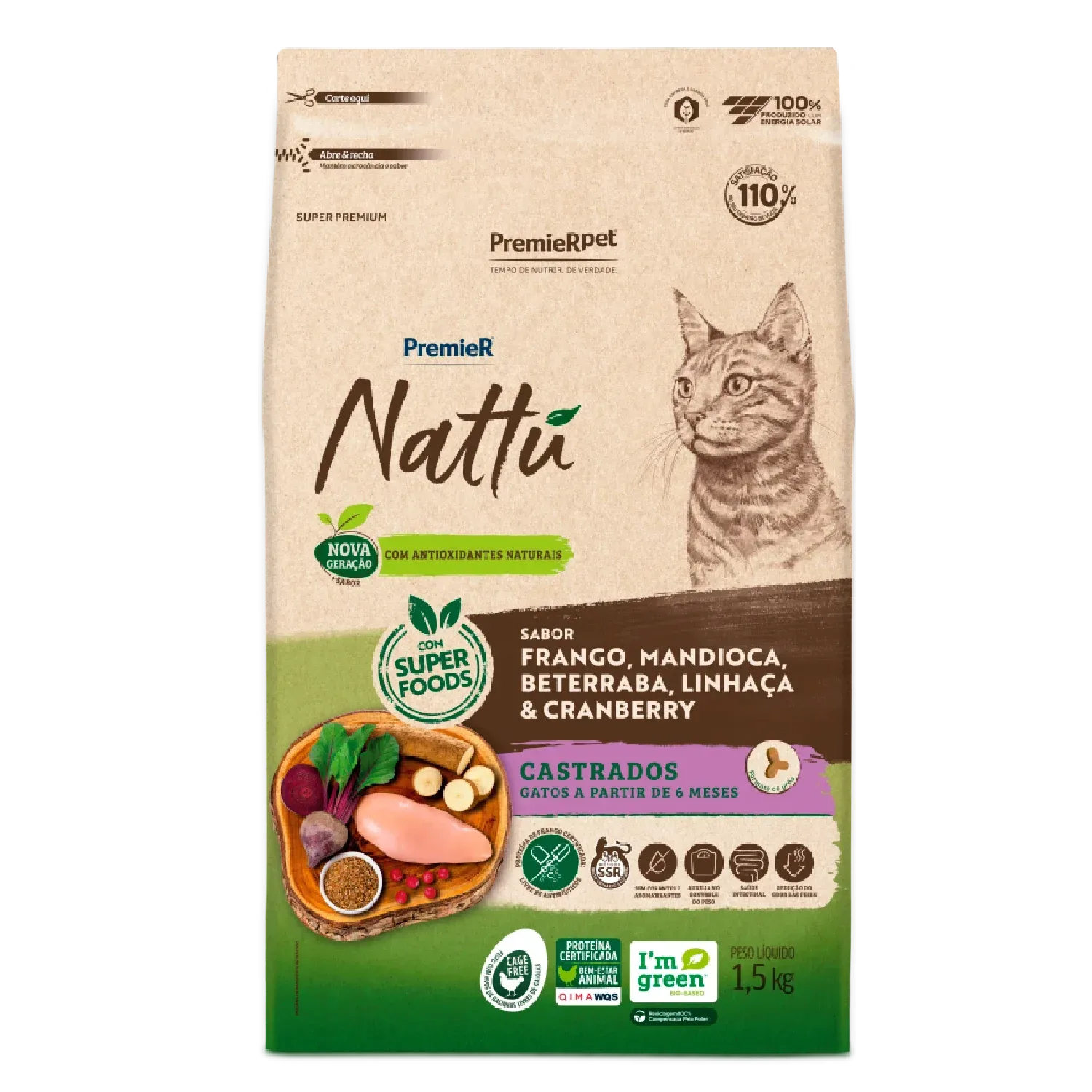 Ração Premier Nattu Gatos Adultos Castrados Mandioca