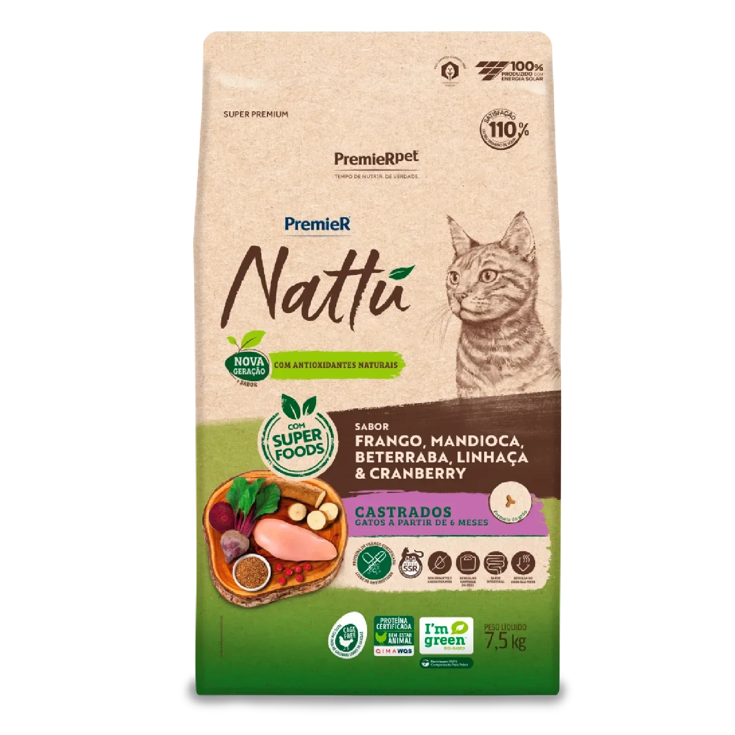 Ração Premier Nattu Gatos Adultos Castrados Mandioca — 7.5 kg